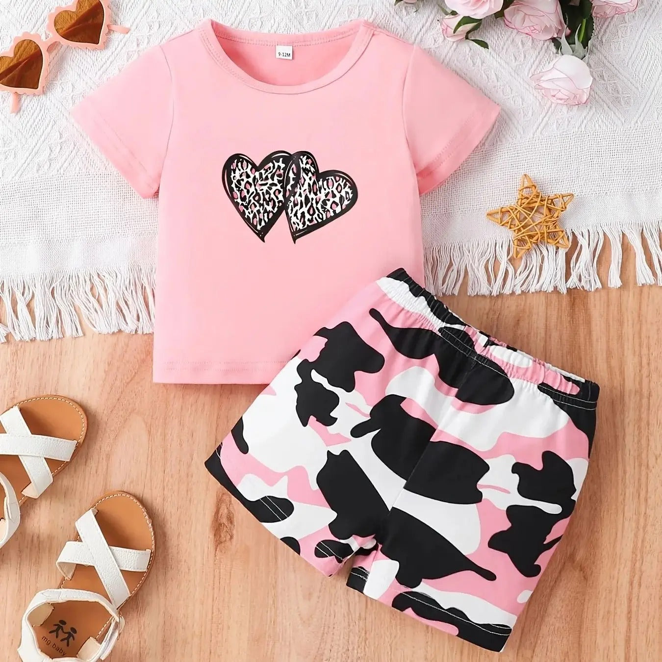 Baby Girl 2Pcs Pink Heart Tee + Camo Shorts Summer Casual Set