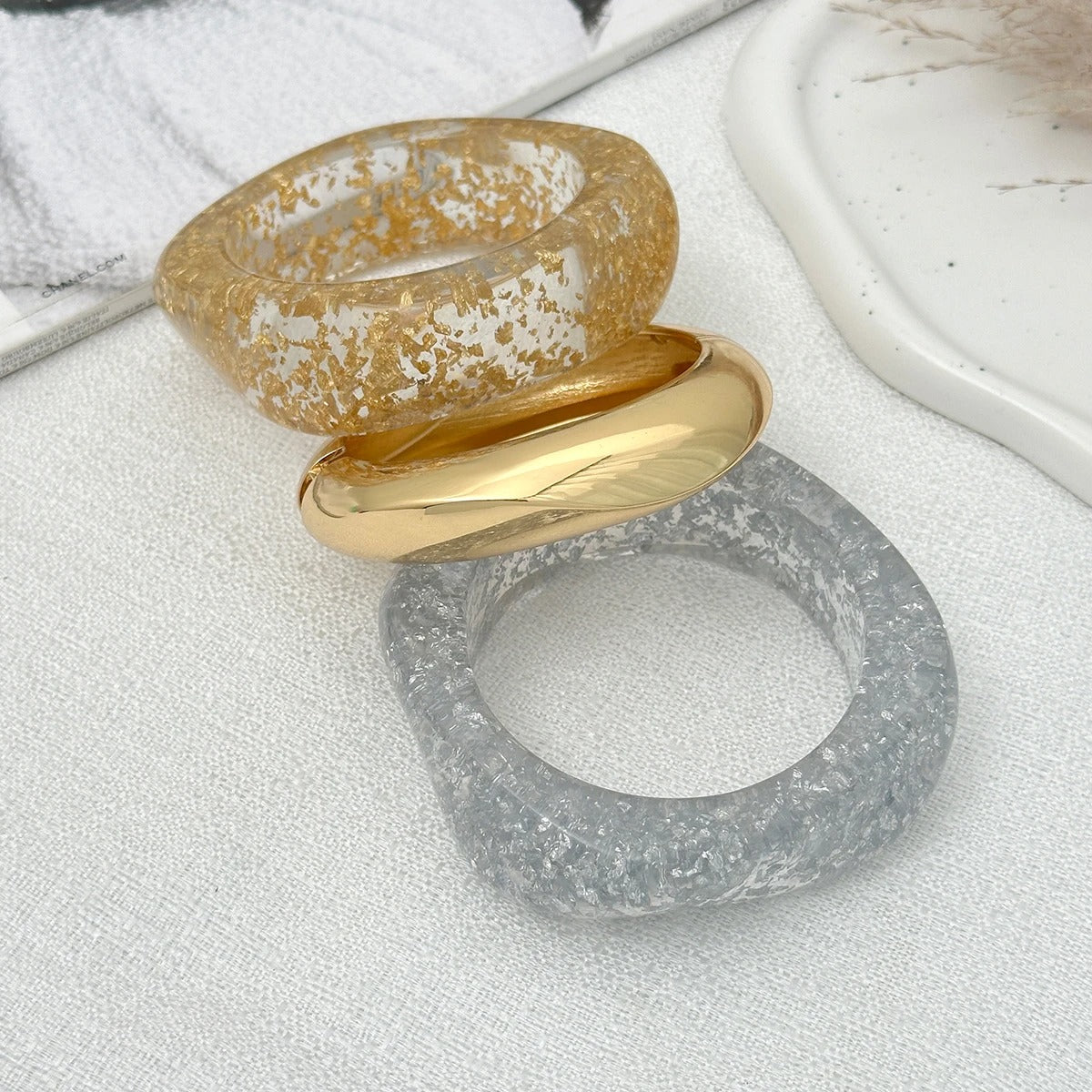 Glossy Acrylic Resin Metal Wide Bracelets