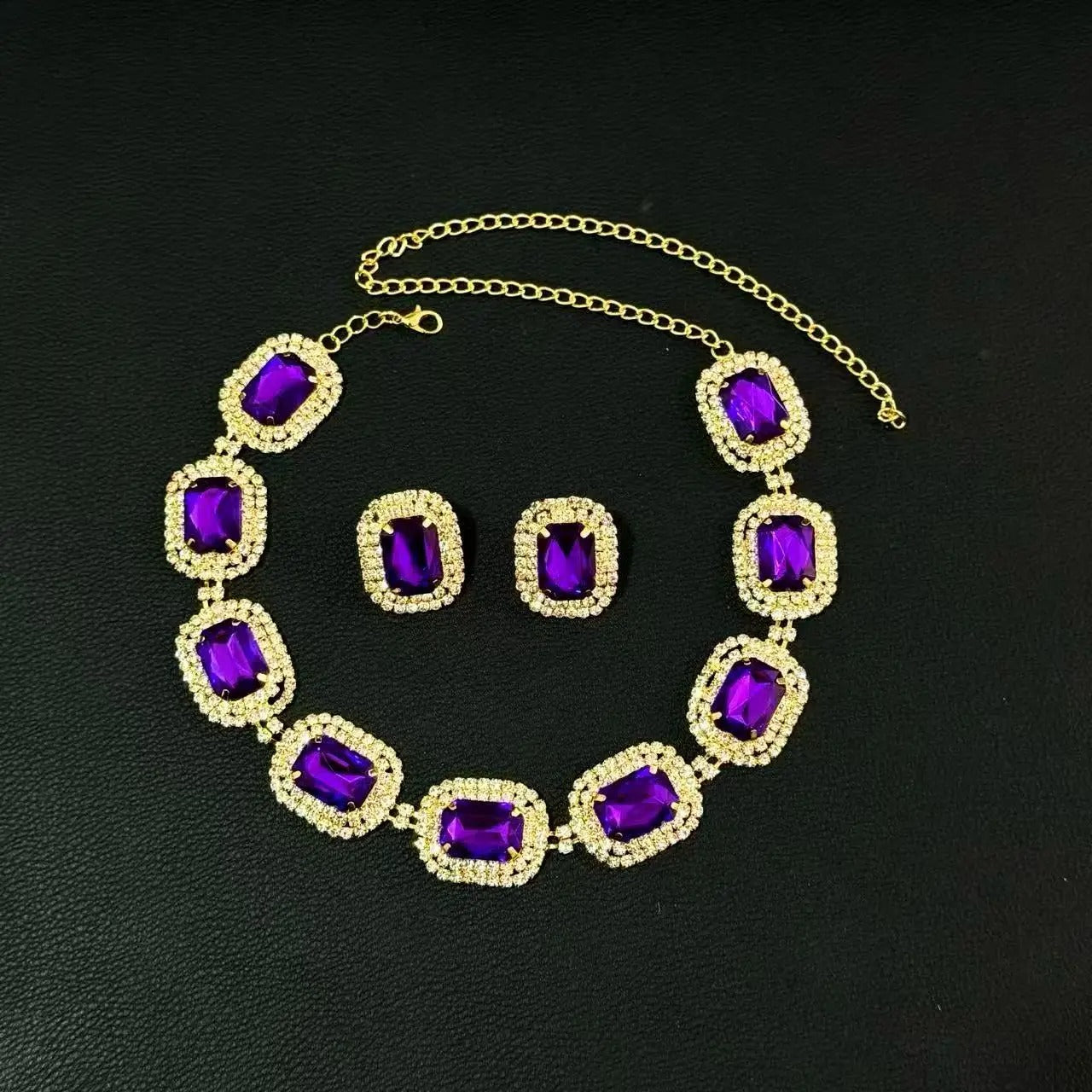 Rhinestone Purple Necklace Earrings Set