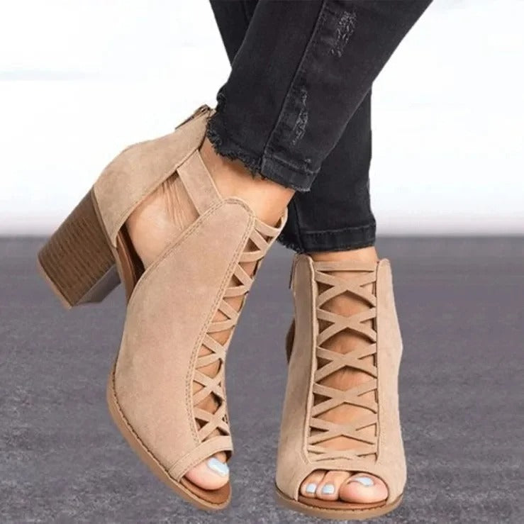 High Heels Mesh Ring Buckle Back Zipper Ladies Sandals Rubber Bottom Shoes