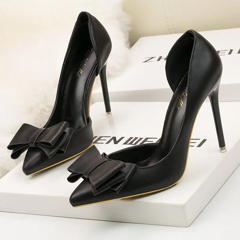 Sweet Bow High Heels Stiletto High Heels Shallow Mouth Pointed Side Hollow Luxury Designer Heels