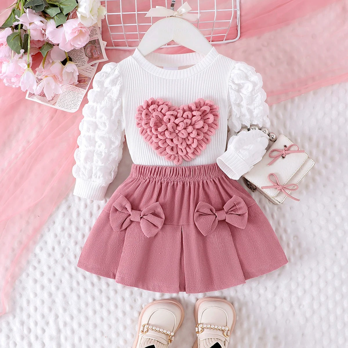 Comfortable Sweet and Cute Bubble Sleeves, Love Chapter Top + Pink Short Skirt.