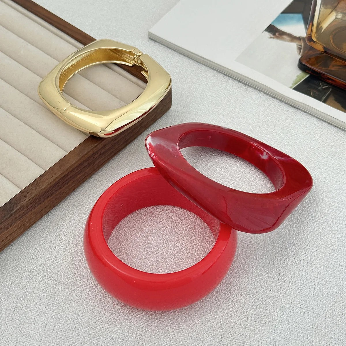 Gold Color Red Acrylic Resin Chunky Bangles for Women