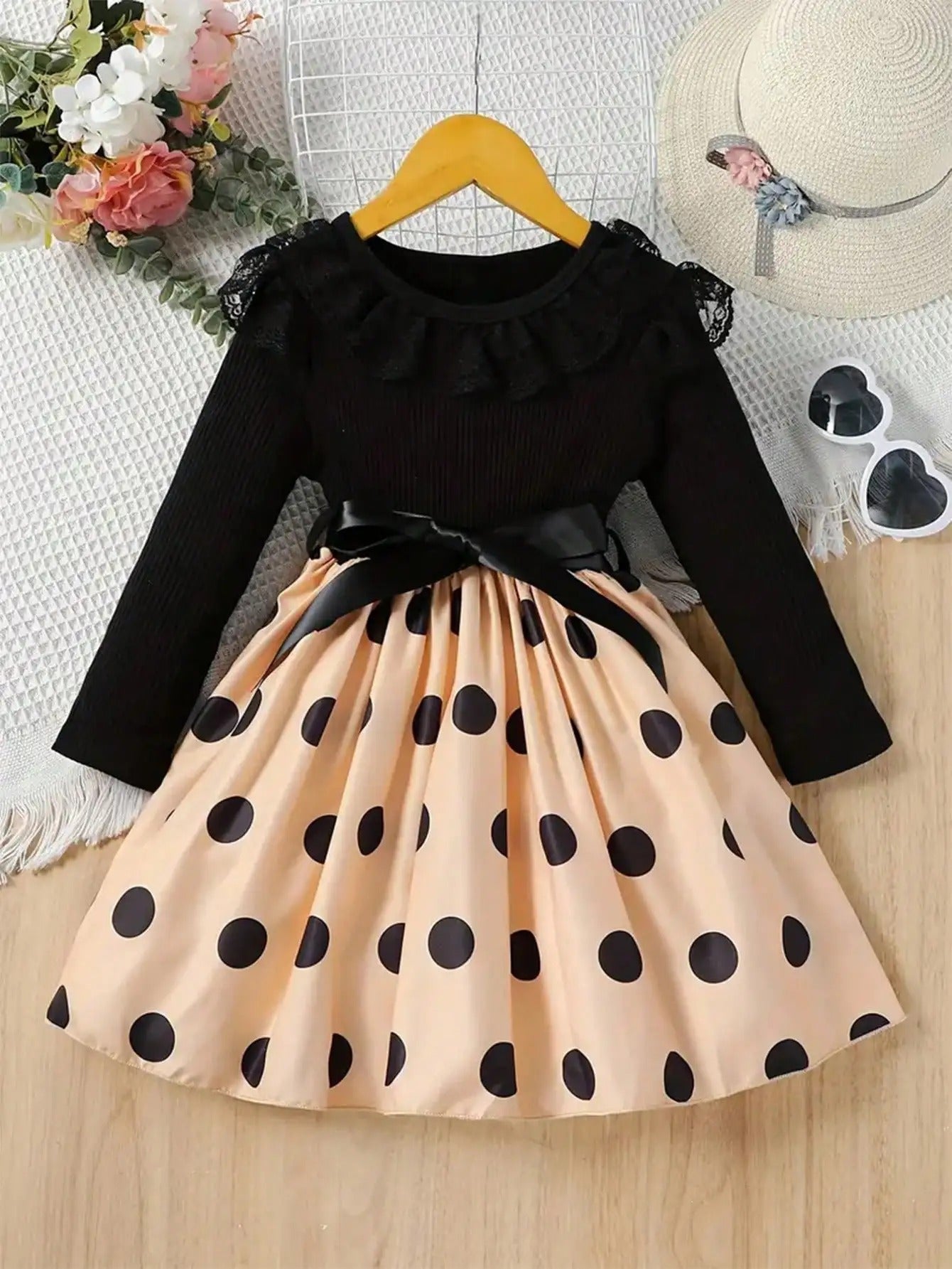 Lace Mesh Edge Round Neck Soft Long-Sleeve Patchwork Polka Dot All-Over Print Mid-Length Dress