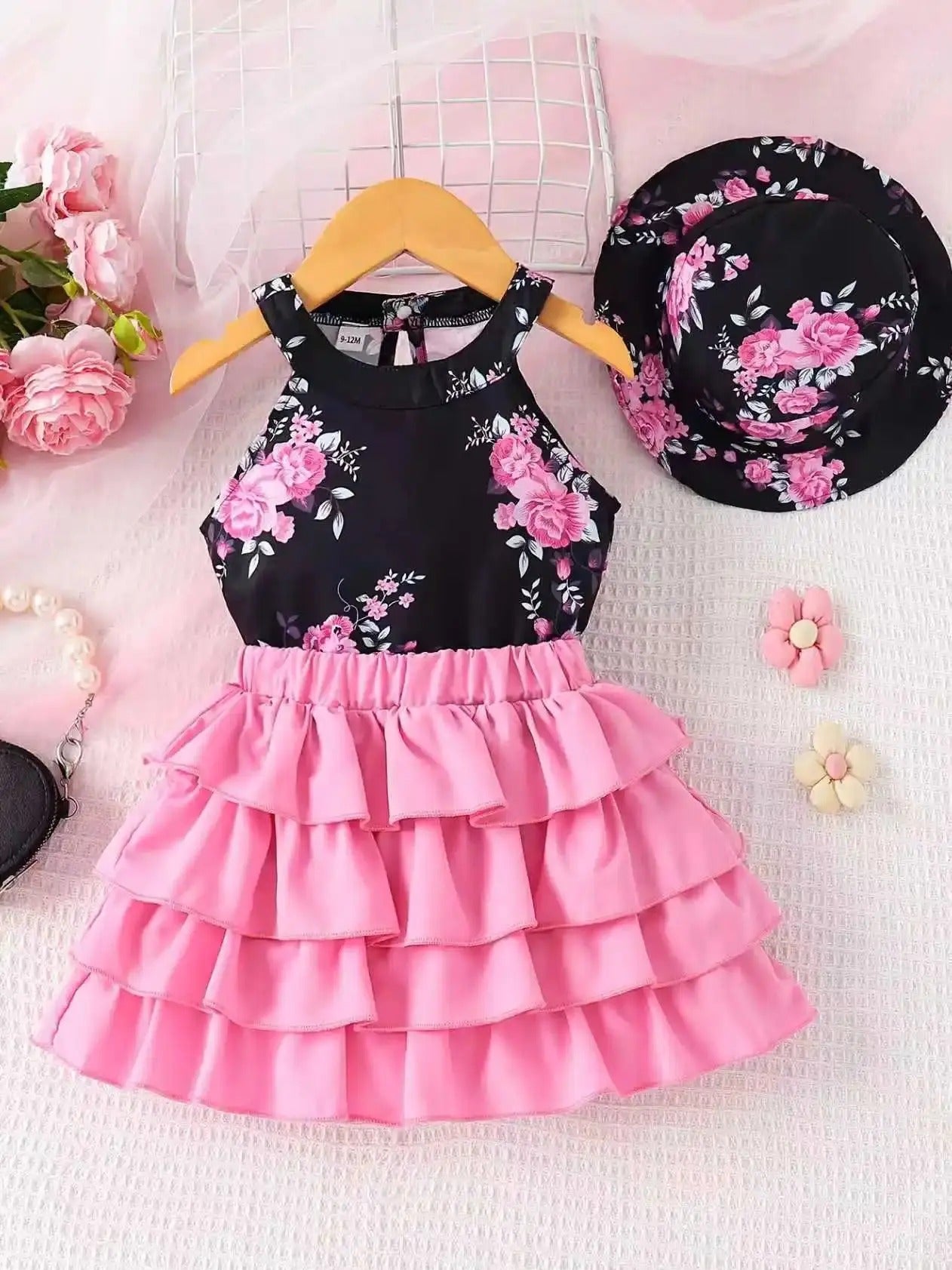 Toddler Girl Black & Pink Floral 3pcs Set Halter Top + Tiered Skirt + Matching Hat Kids Party Dress Set