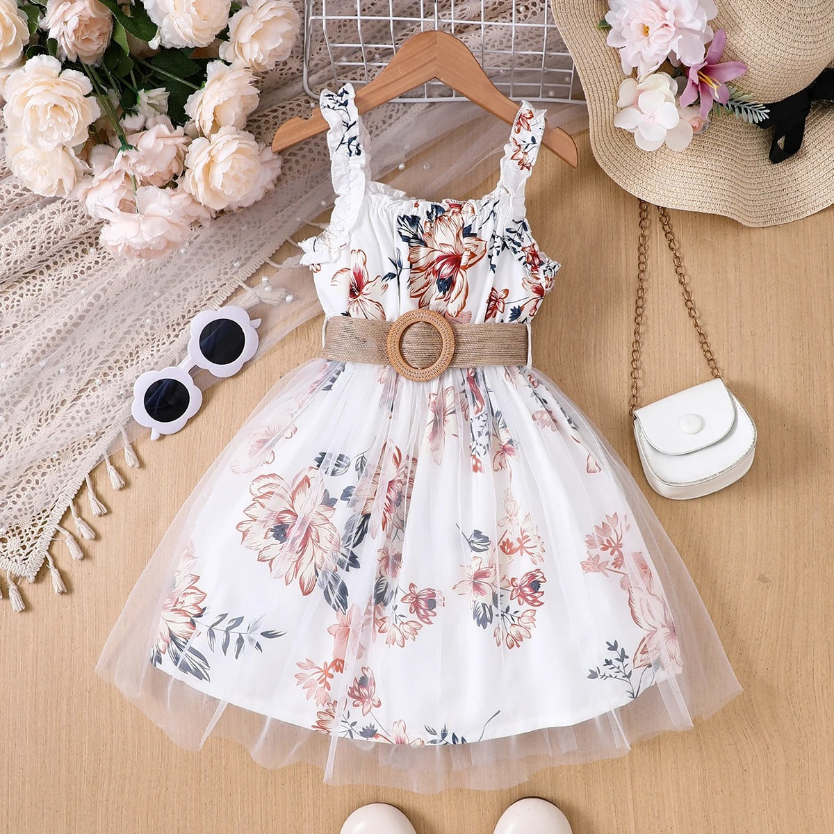Girls' Spring and Summer Casual Fashion Woven Suspender Floral Print Mesh Dress with Belt