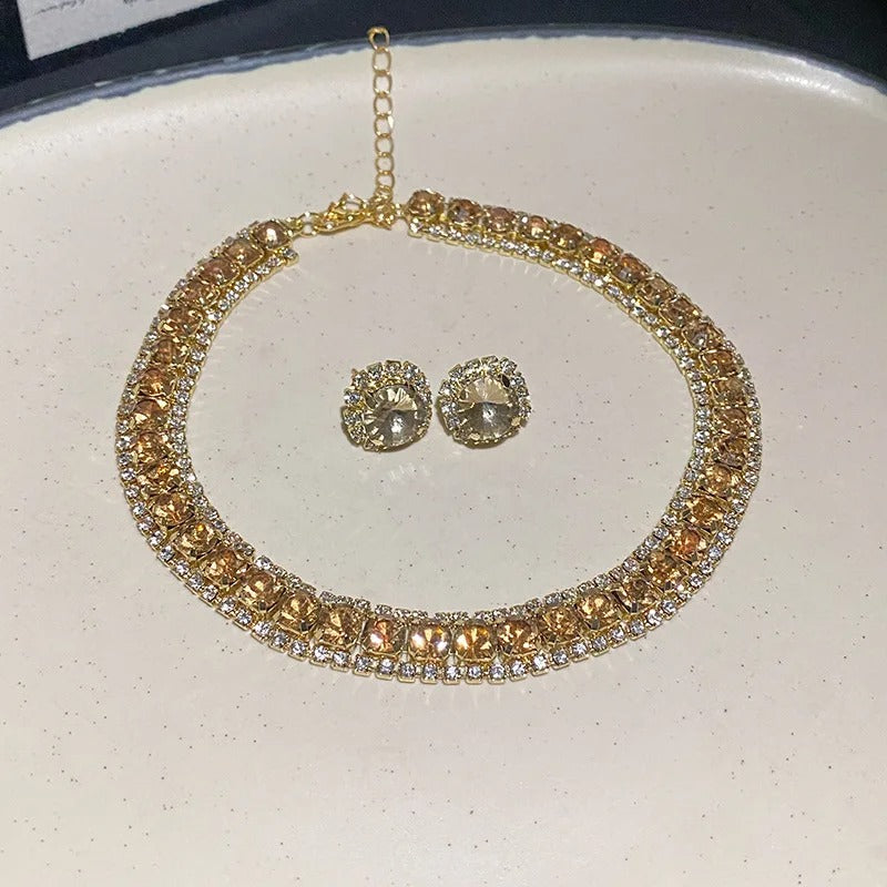 Luxury Green Rhinestone Necklace Stud Earrings