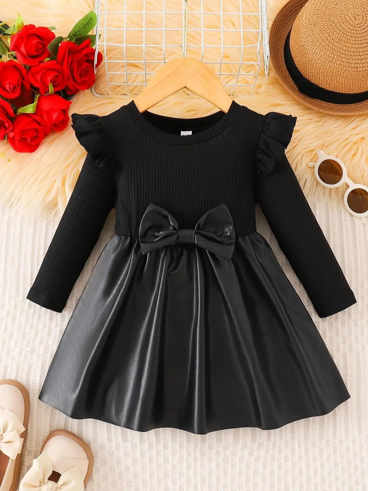 Spring/Autumn Baby Girls' Round-Neck Dress with Bow