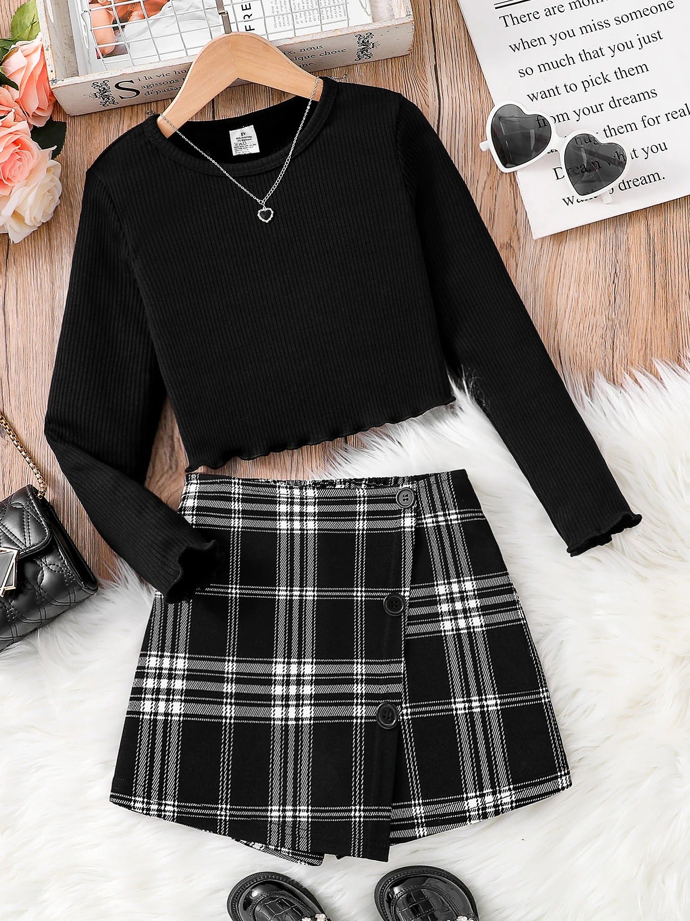 knitted crew-neck long-sleeved top + asymmetrical plaid skirt 2-piece set