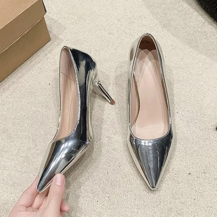 Soft Leather Sliver Gold High Heels 8/10cm Shoe Fashion Women Pumps Pointed Toe Slip-