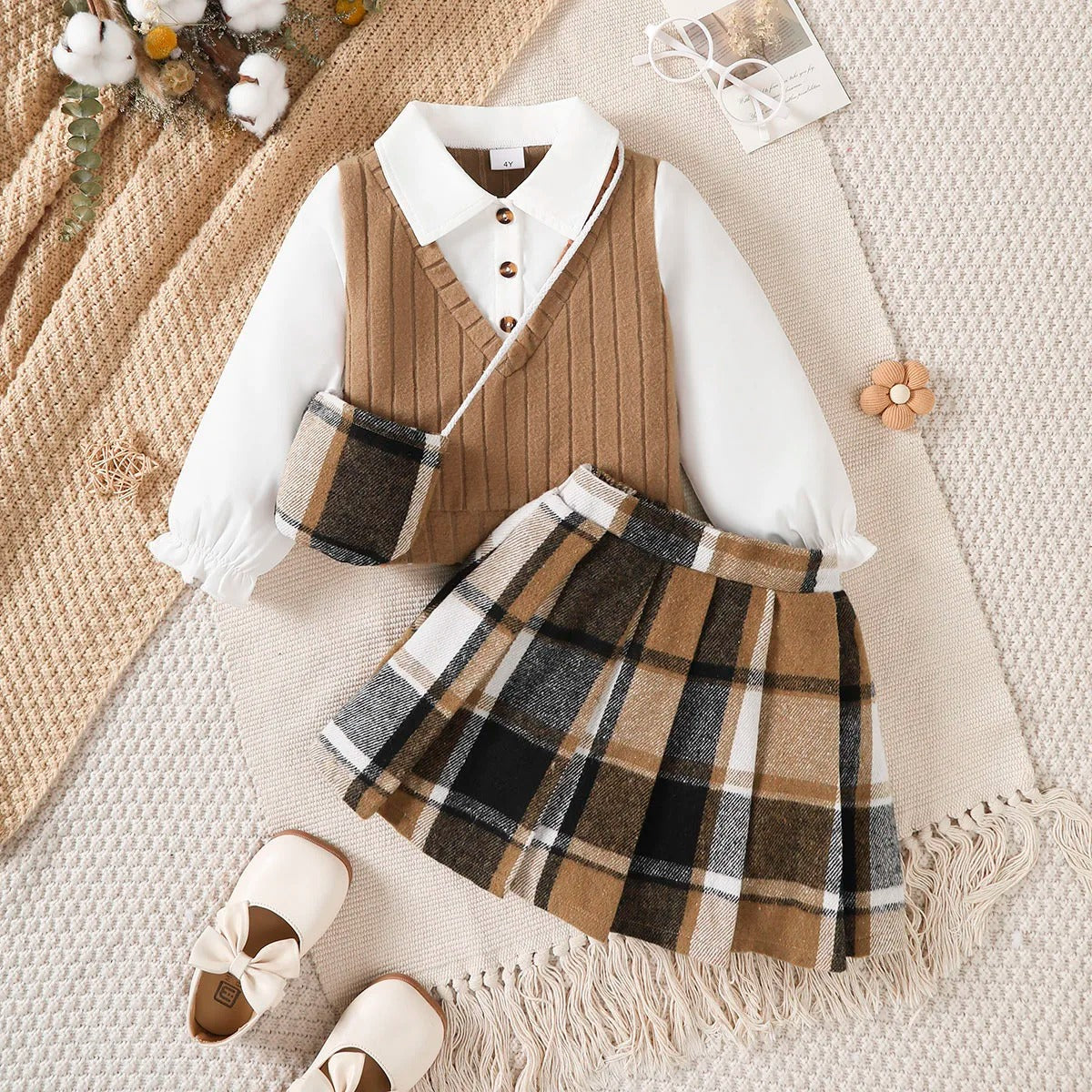 Top+Checkered Skirt+Mini Bag Set Suitable Girls 4-7 Year Autumn College Style Set