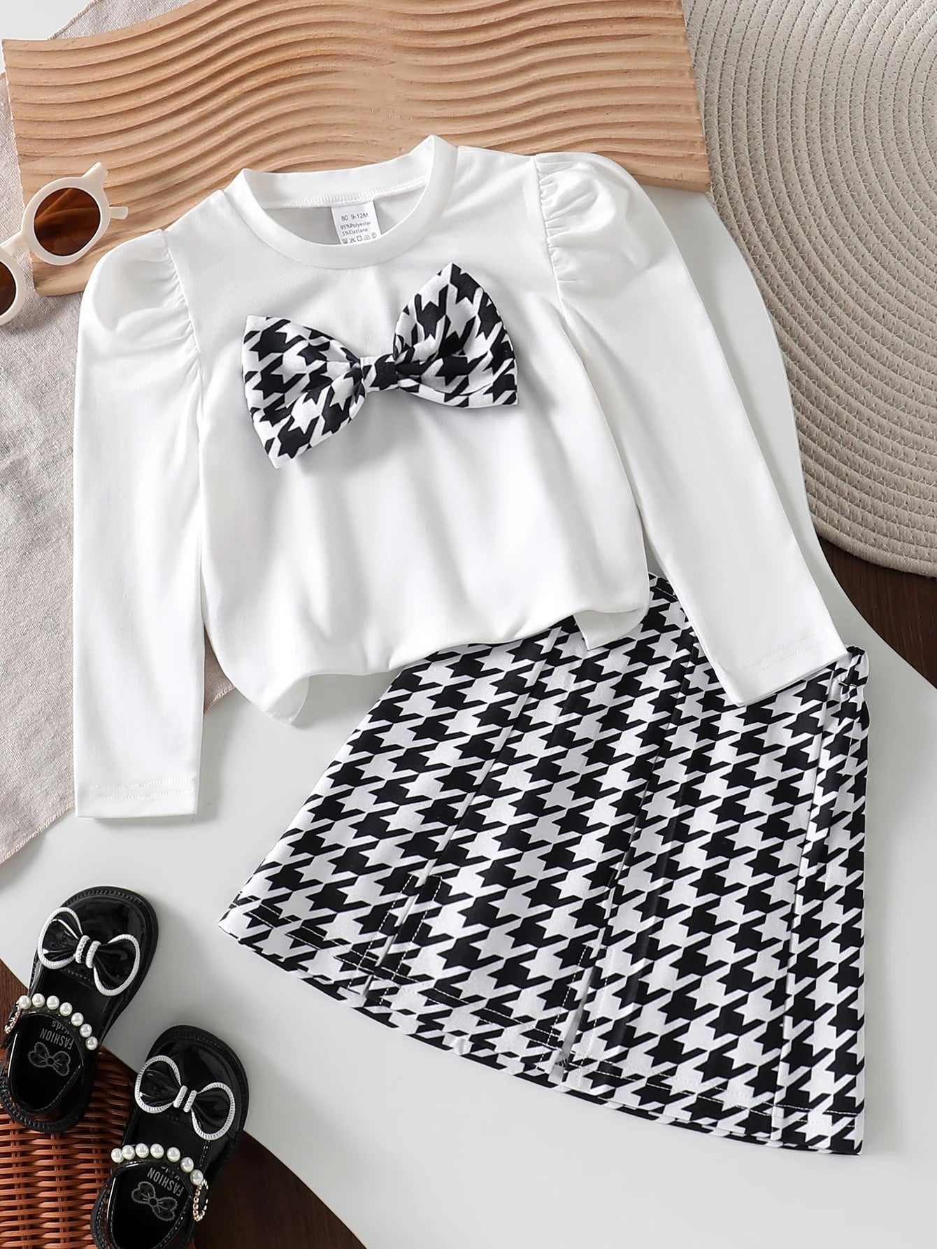 White Round-Neck Puff Sleeve Top + Plaid A-Line Casual Skirt Set,