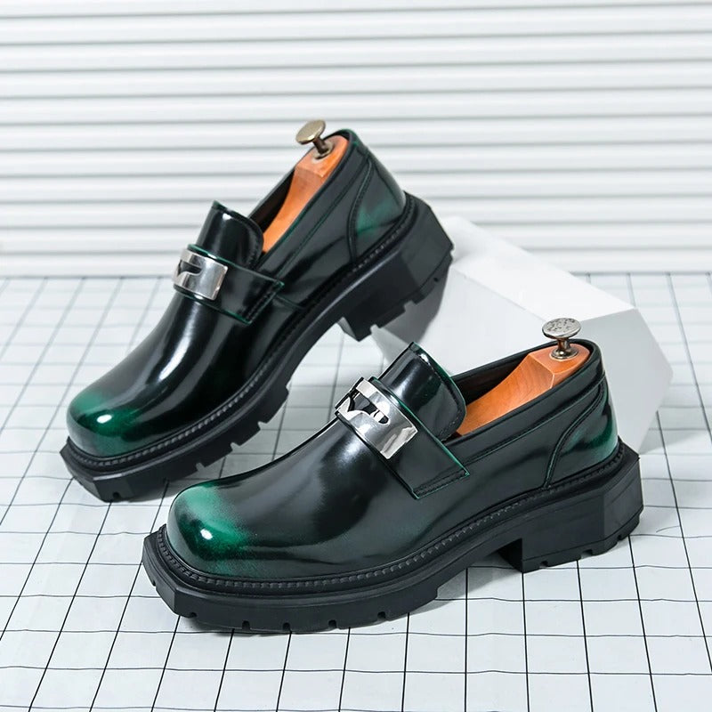 Thick Bottom PU Leather Men Green Loafers Wedding