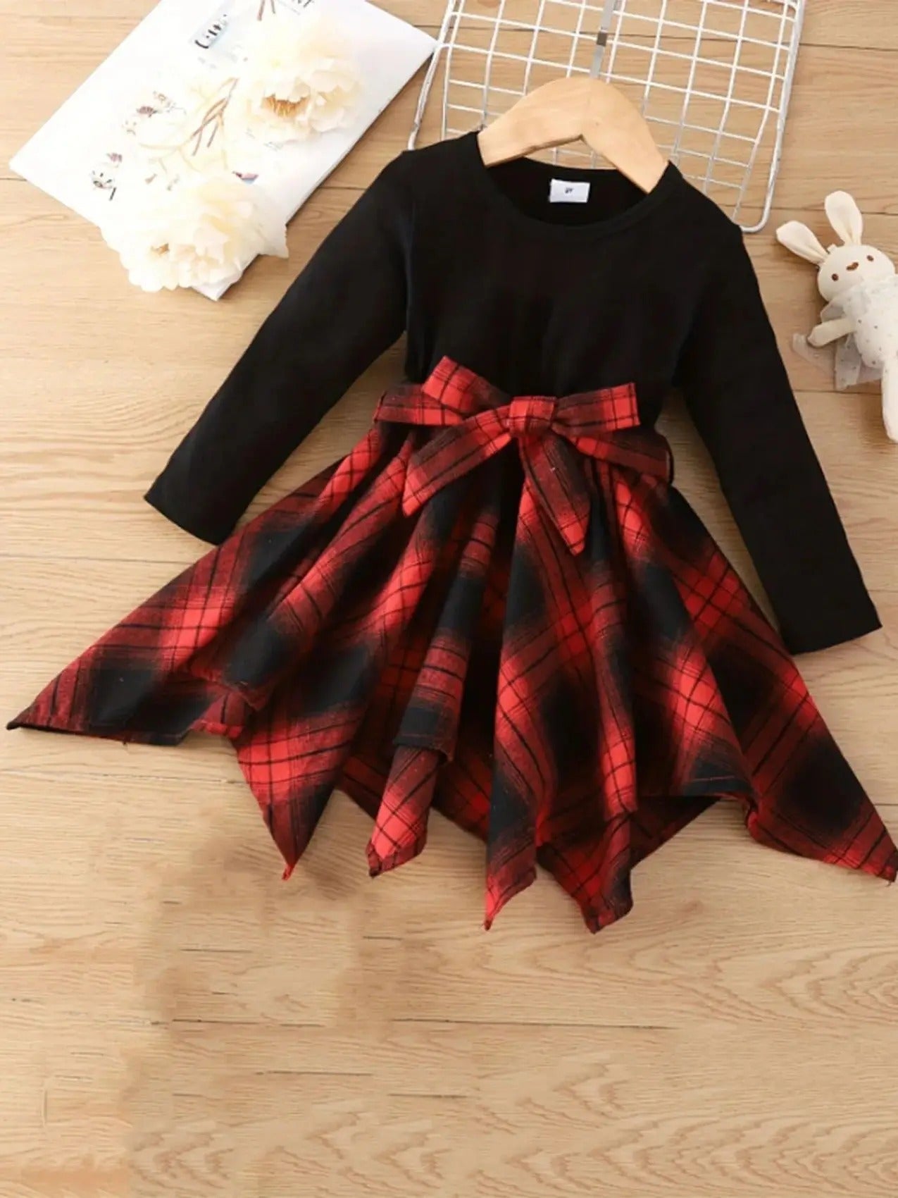 Kids' Retro Plaid Dress | Black &amp; Red Color Block with Big Bow Waist