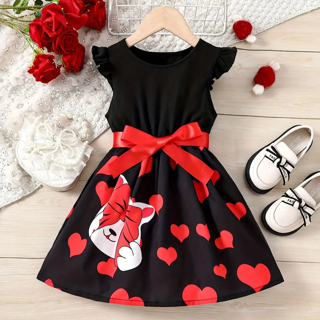 Print, Animal Cartoon Bowknot Appliqué Princess Dress, Holiday Party, with Ribbon.