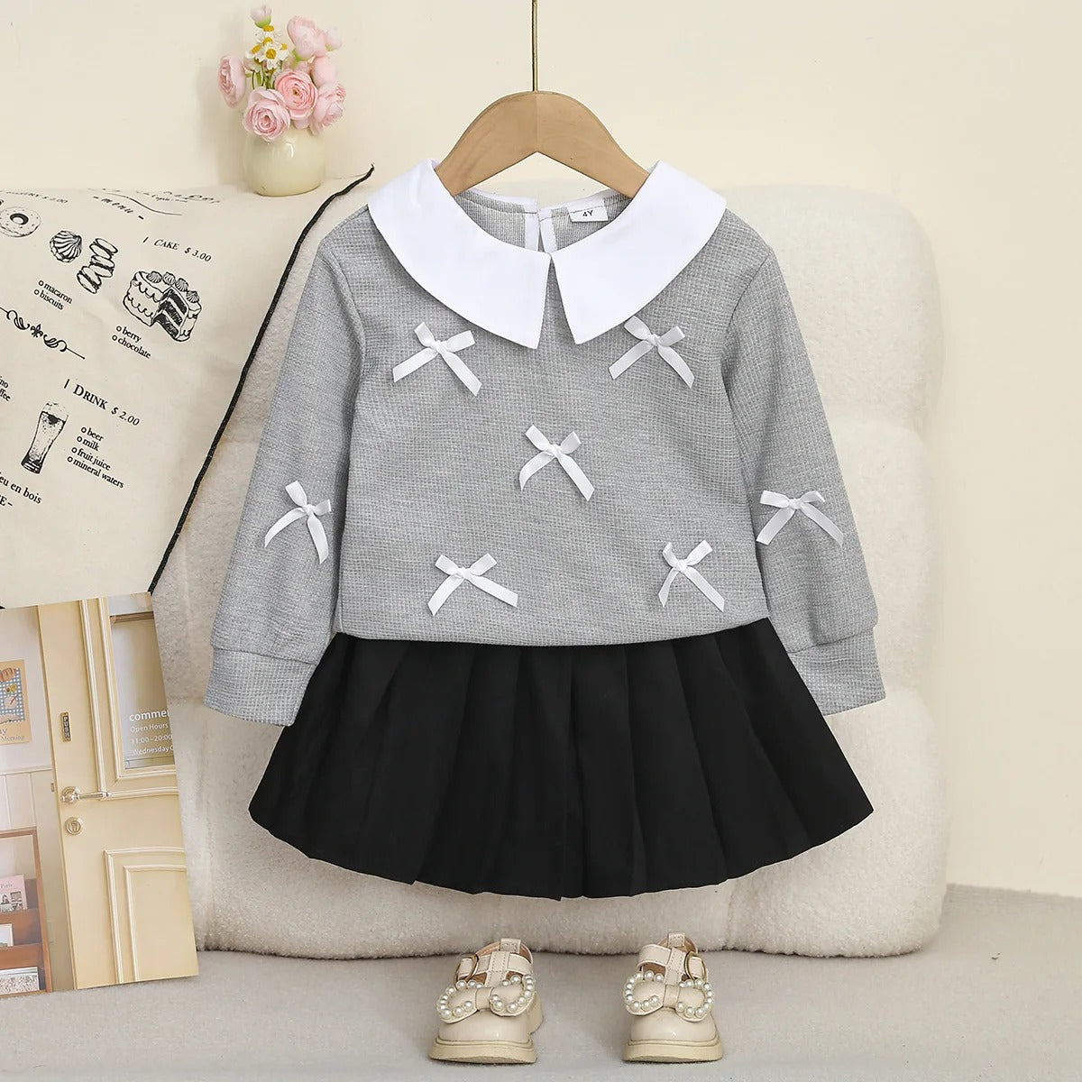 Doll Collar Top with Butterfly Knot + Black Pleated Skirt Set for Kids
