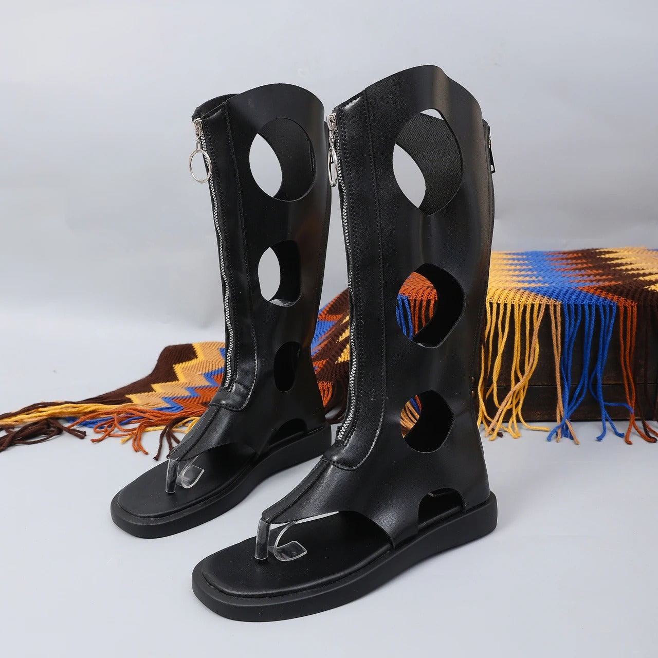 cowhide thick-soled open-toe high boots, stylish and slimming long calf sandals.