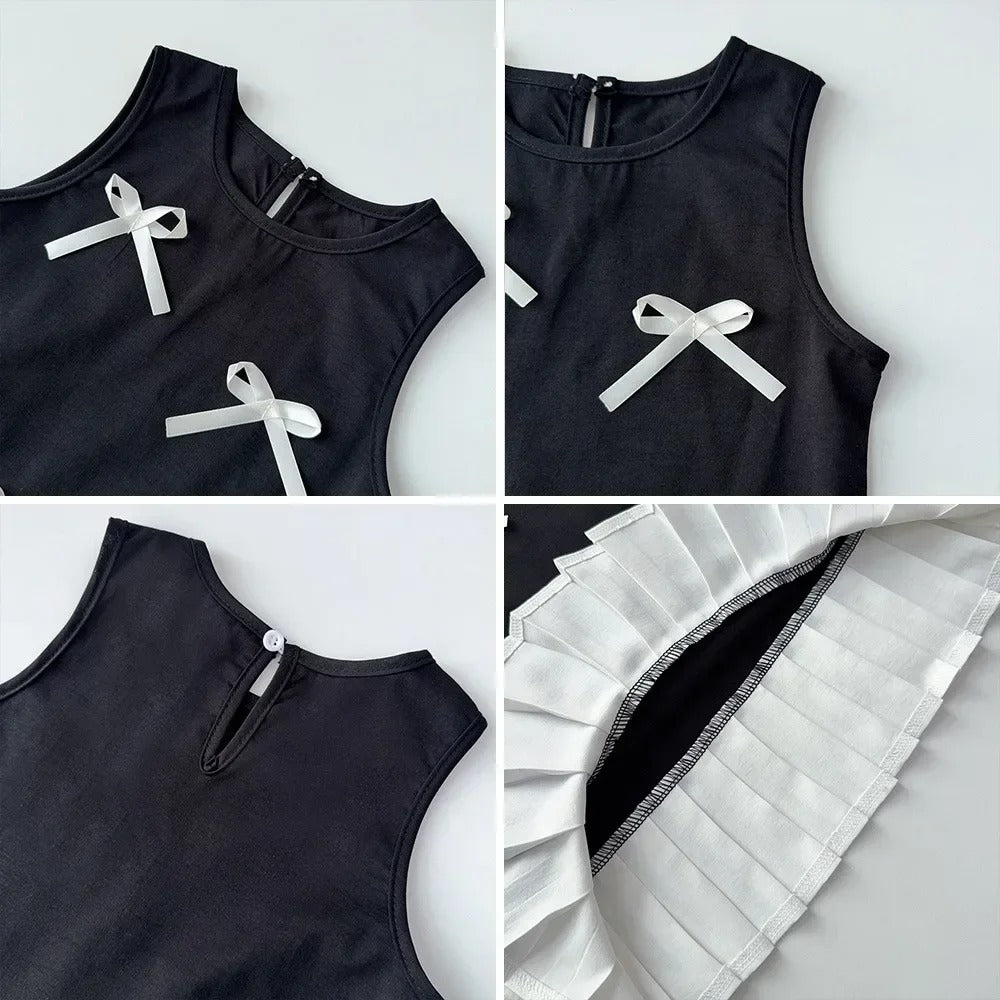 Black Bow Decoration Girls Dress Summer Sleeveless Princess Dresses Color Blocked Children's Clothing 3 To 7 Years Wea