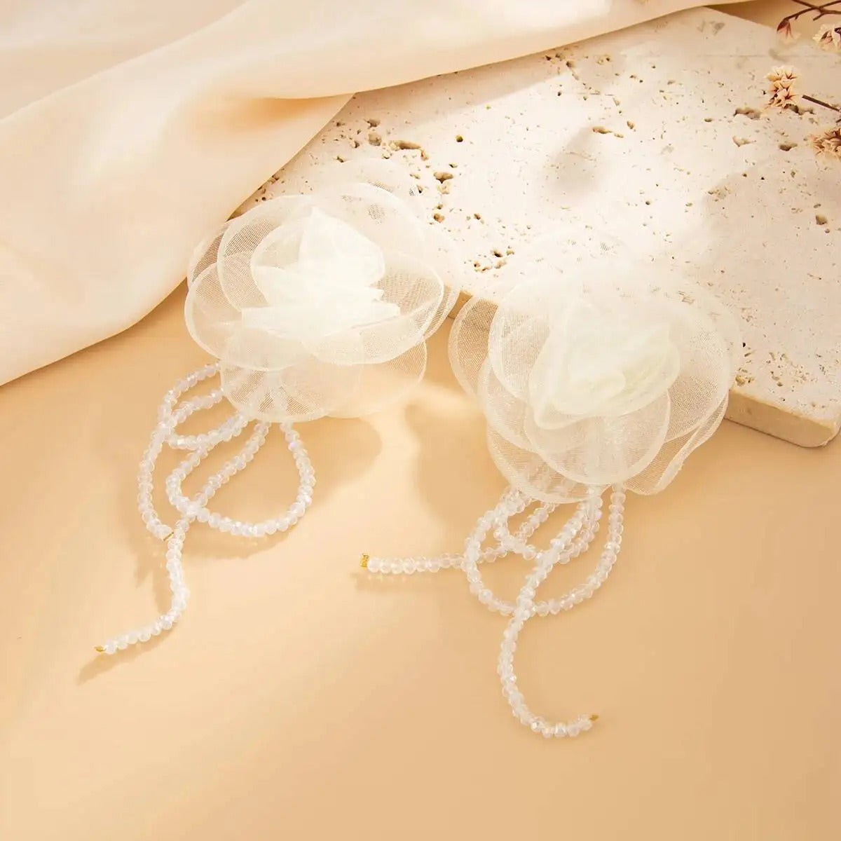 White Mesh Flower Tassel Pendant Earrings