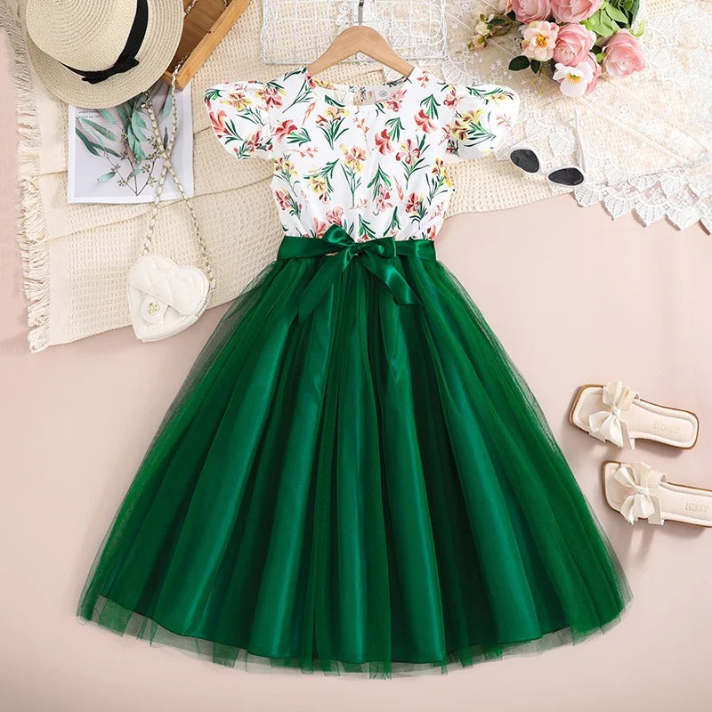 Summer Dress For 8-12 Years Grils Kids White Print Fly Sleeve Green Knee-Length Tulle
