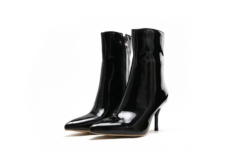 PU Leather Zipper Women Booties High Heels