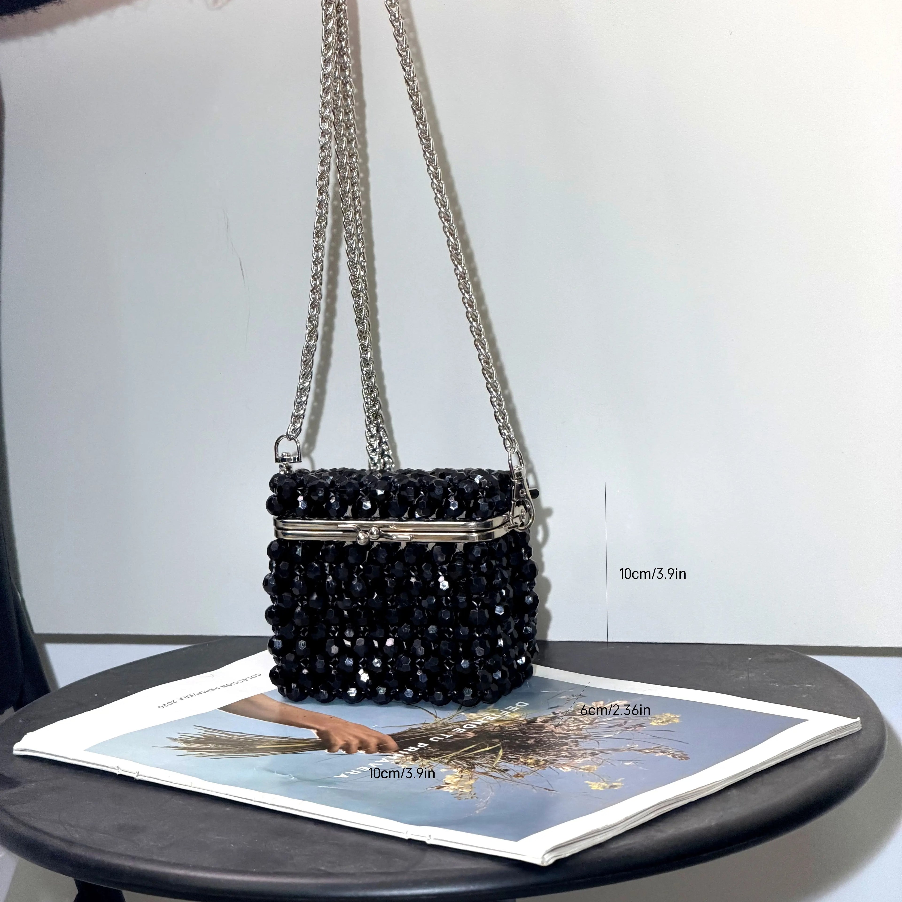 Vintage Black Beaded Clutch Bag with Chain