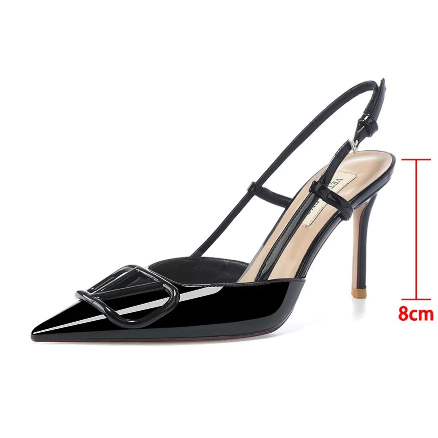 Women's Pointed Toe Slip-On Sandals with Buckle V-Strap High Heels