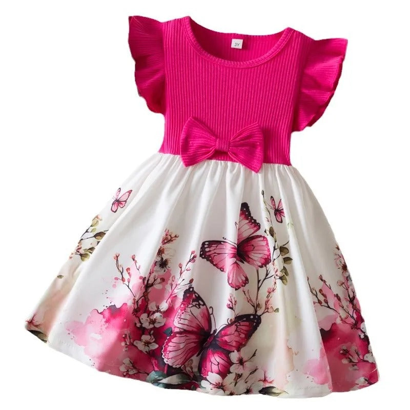 Summer New Girl's Butterfly Printed Dress 3-7Y Flying Sleeves