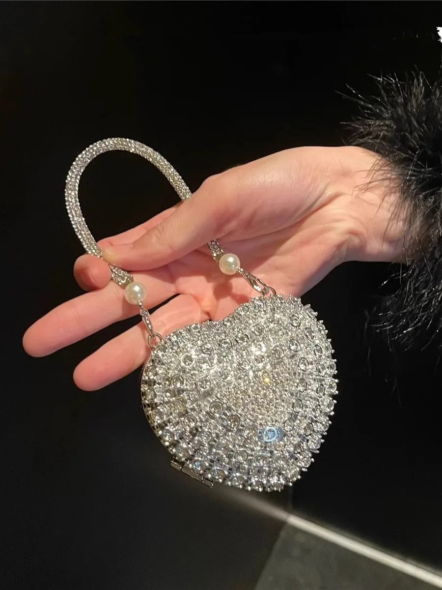 Luxury Small Bling Heart Shape Diamond Evening Clutch Rhinestones Purse