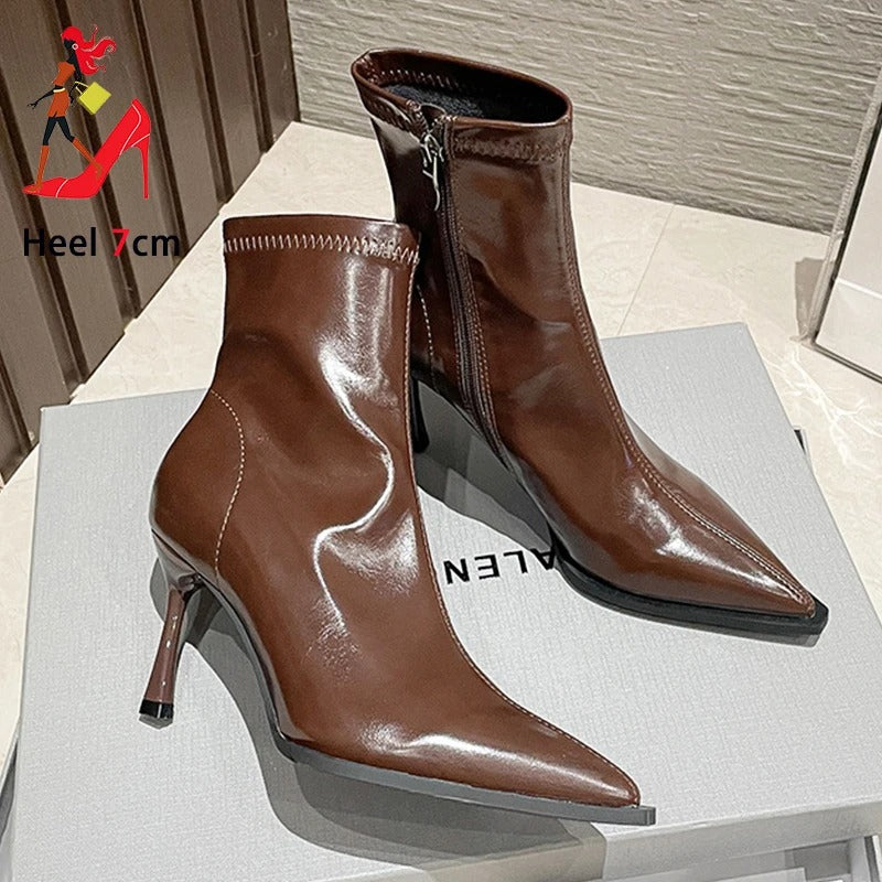 Woman Ankle Boots 7CM Stiletto Heels Elegant Women's Shoes 2025 Autumn Winter Pointed Boots