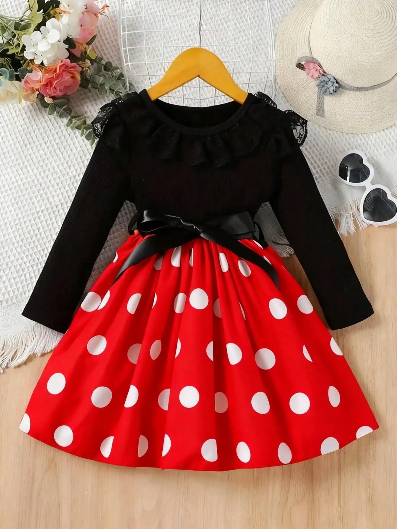 Lace Mesh Edge Round Neck Soft Long-Sleeve Patchwork Polka Dot All-Over Print Mid-Length Dress