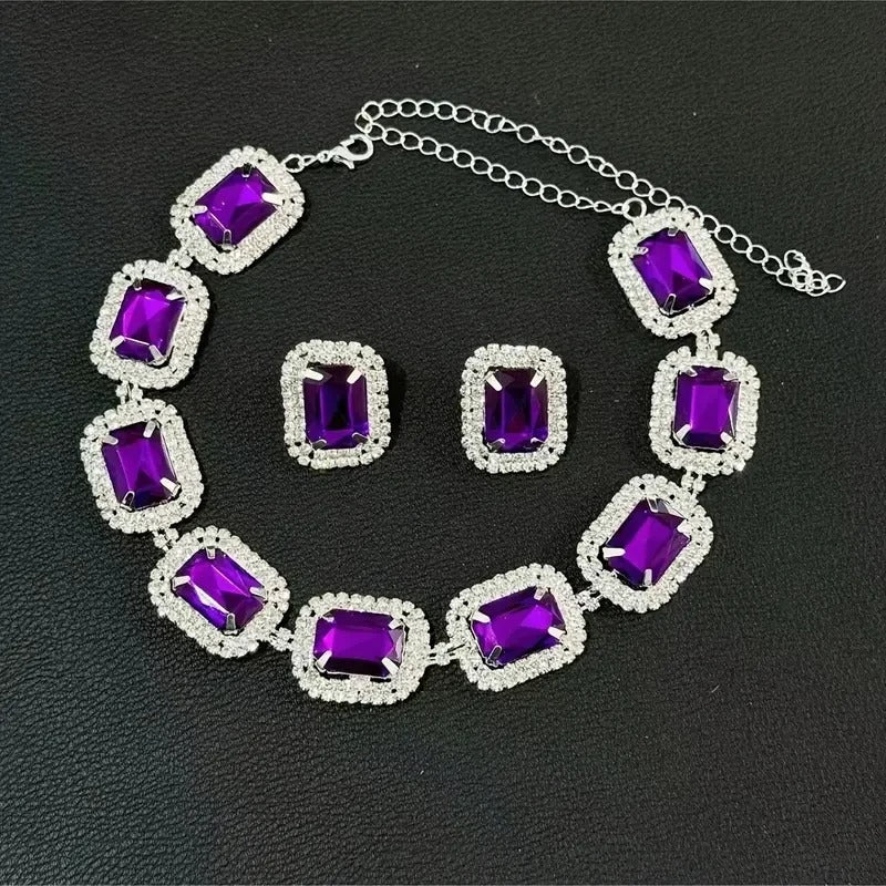 Rhinestone Purple Necklace Earrings Set