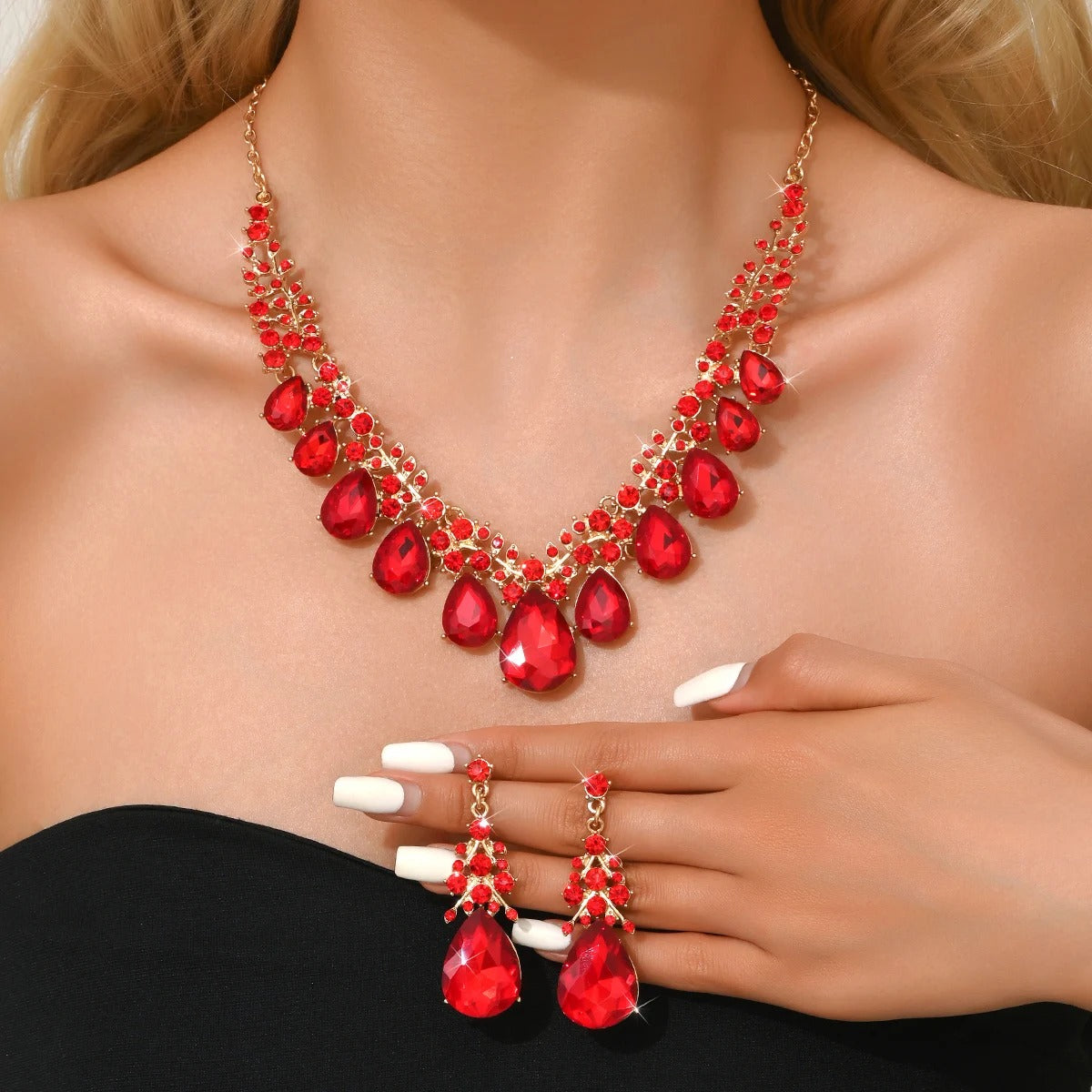 rendy Charm Crystal Water Drop Necklace Earrings