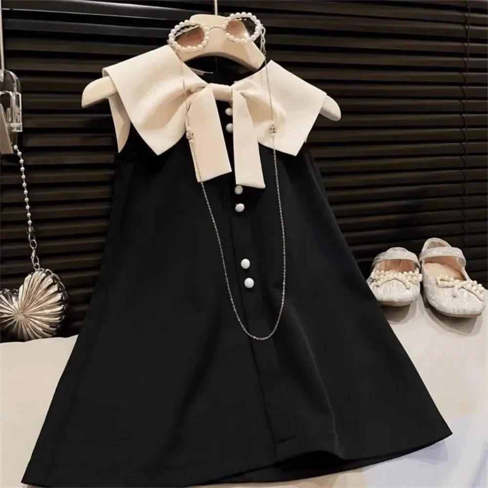 Fashionable Girls' Casual Clothes Lapel Bow Pearl Single Breasted Sleeveless Dress.