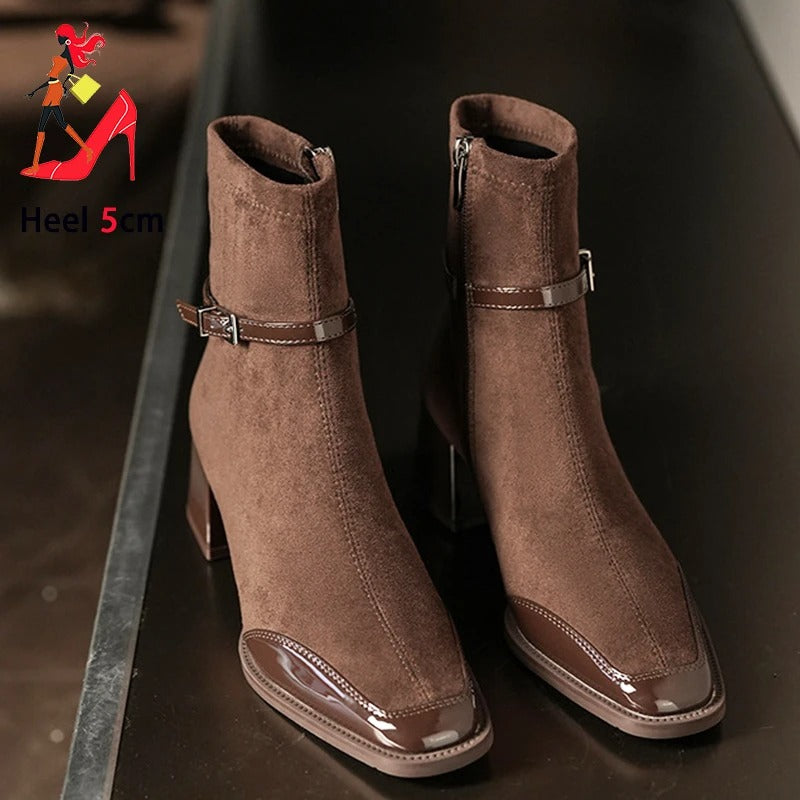 Office Shoes 5CM Square Heel Lady Dating Suede Ankles Boots Elegant Female Shoes