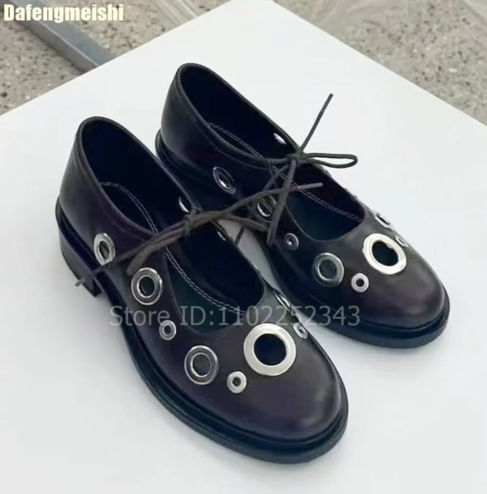 Black/brown Leather Women Loafers Shoes Metal Hollow Shallow Lace-Up Platform