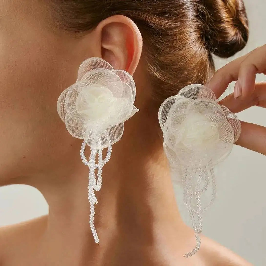 White Mesh Flower Tassel Pendant Earrings