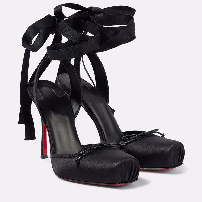 European and American Niche High-heeled Square Toe Ankle Strap Satin Bow Ballet Toe