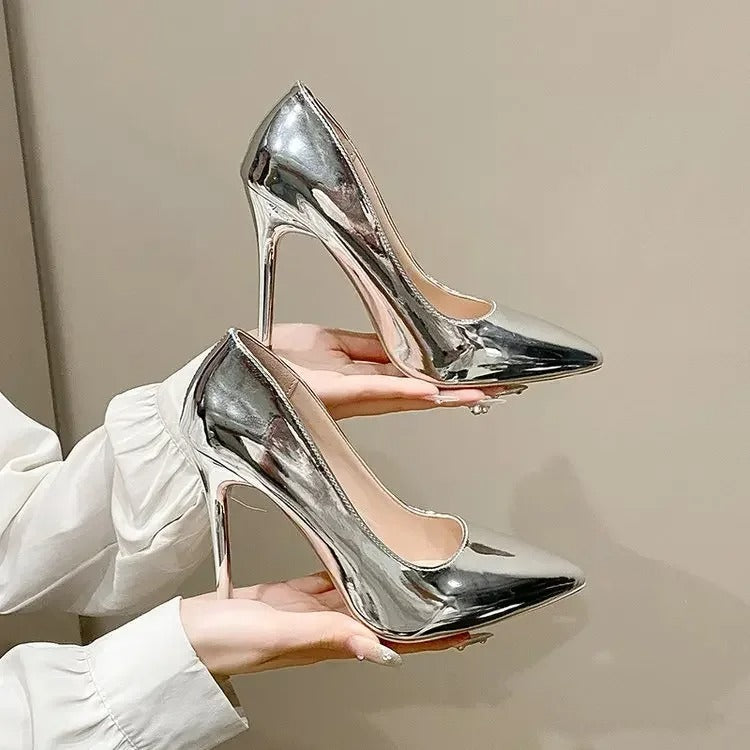 Soft Leather Sliver Gold High Heels 8/10cm Shoe Fashion Women Pumps Pointed Toe Slip-