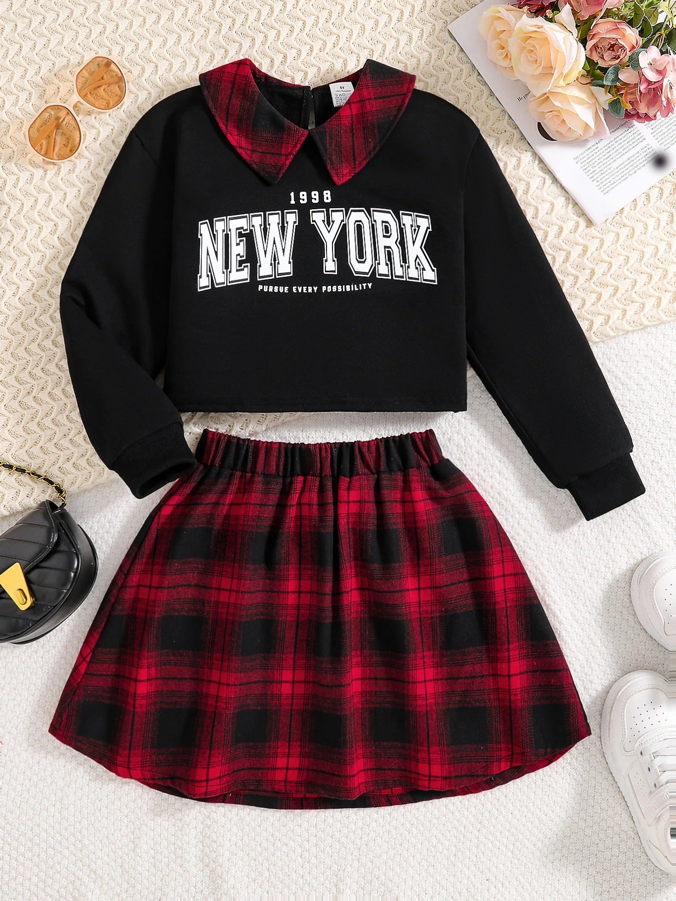 Girls Fashion Casual 2-Piece Set Black Lapel Long-Sleeved Letter Print Shirt Plaid Skirt Spring Autumn New