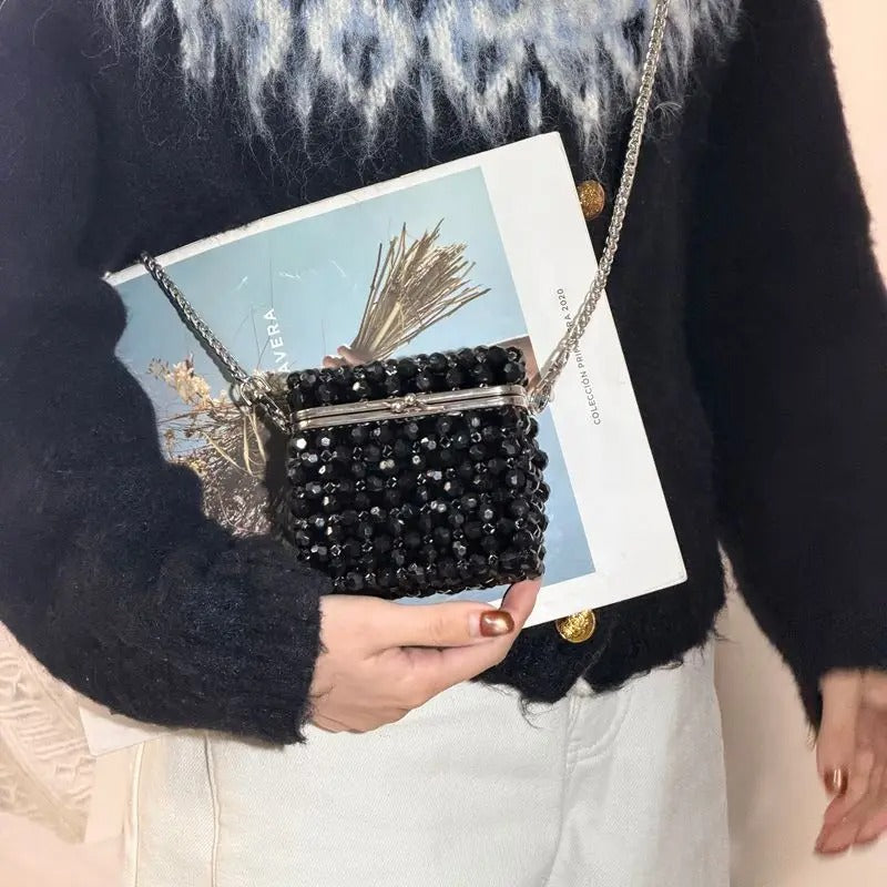 Vintage Black Beaded Clutch Bag with Chain
