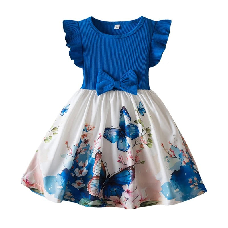 Summer New Girl's Butterfly Printed Dress 3-7Y Flying Sleeves