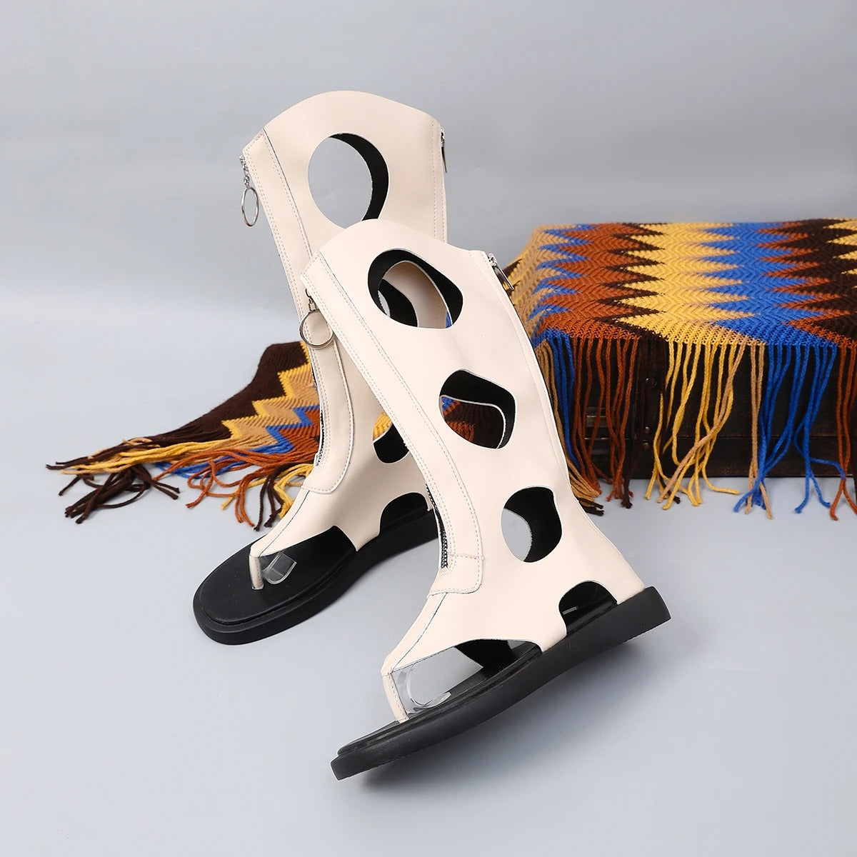 cowhide thick-soled open-toe high boots, stylish and slimming long calf sandals.