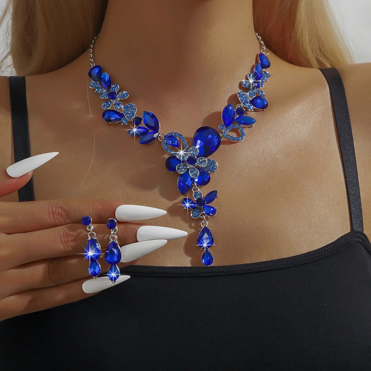 Flower Water Drop Necklace Earrings Jewelry Set