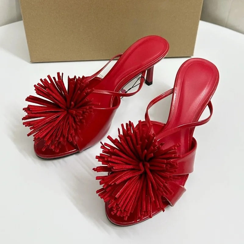Brand Design High Heels Women Mules Shoes Unique Tassel Flower Party Date