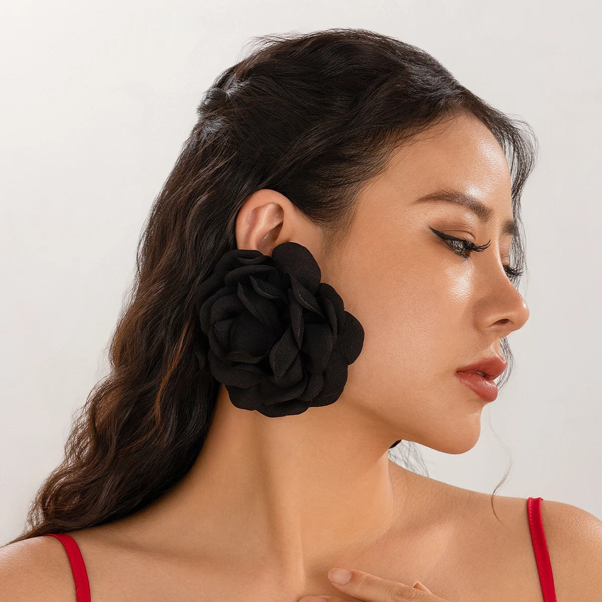 Big Fabric Rose Flower Earrings