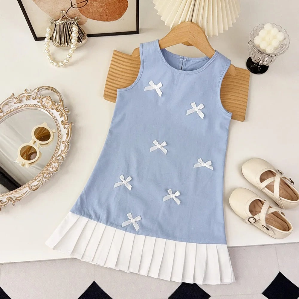 Black Bow Decoration Girls Dress Summer Sleeveless Princess Dresses Color Blocked Children's Clothing 3 To 7 Years Wea