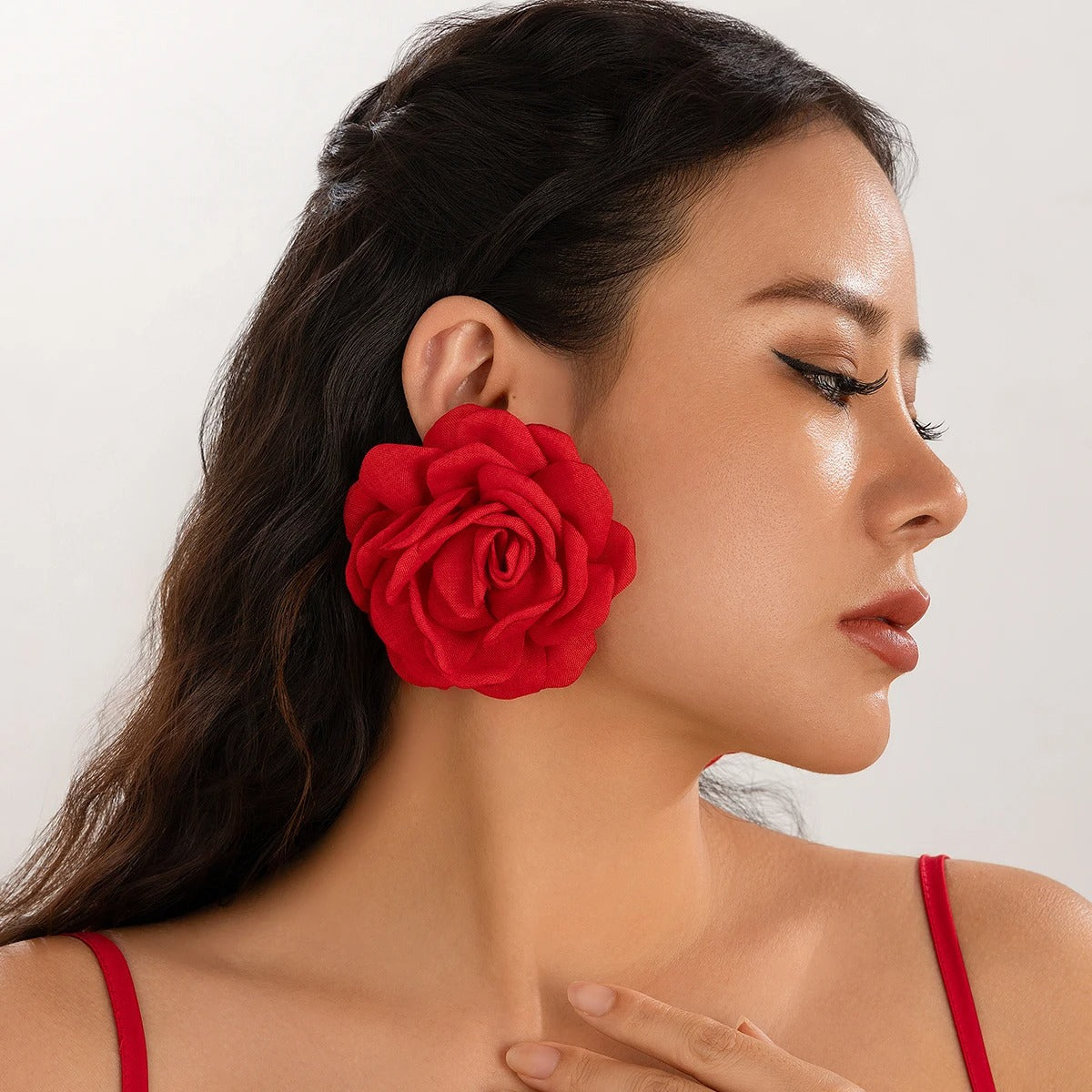 Big Fabric Rose Flower Earrings