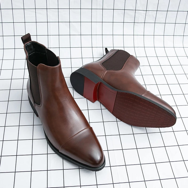 Chelsea Boots for Men Red Sole Pu Ankle Business Round Toe Slip-On Men's Boots