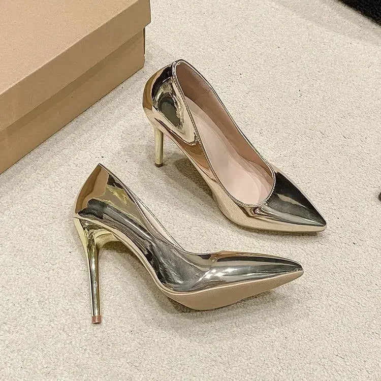 Soft Leather Sliver Gold High Heels 8/10cm Shoe Fashion Women Pumps Pointed Toe Slip-